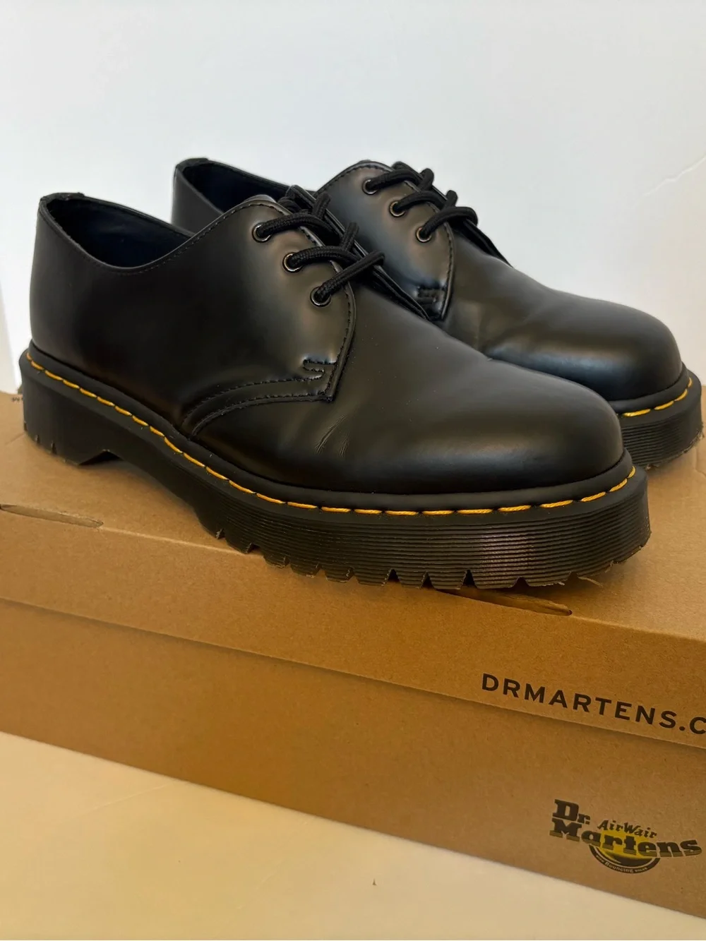 Dr. Martens Men's Black 1461 BEX Smooth Leather Oxford shoe (Yellow Stitching)